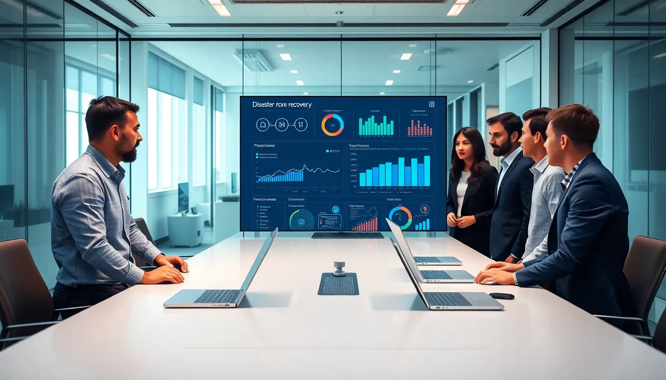 a diverse team discussing disaster recovery strategies in a modern office.