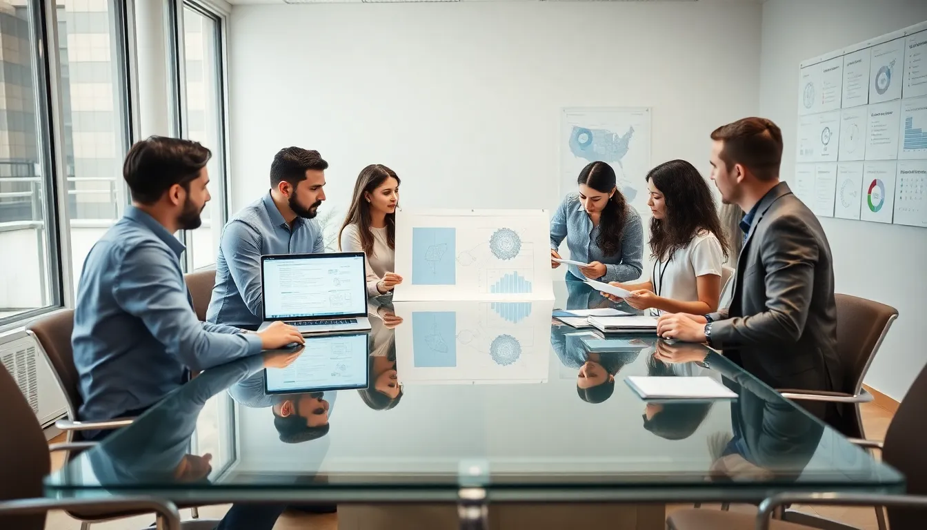diverse team discussing custom web app development in a modern office.