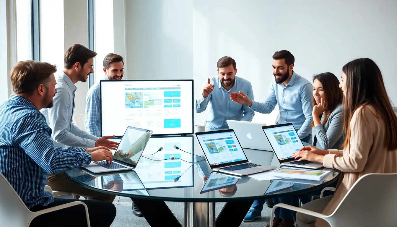 diverse team collaborating on custom web development solutions in a modern office.