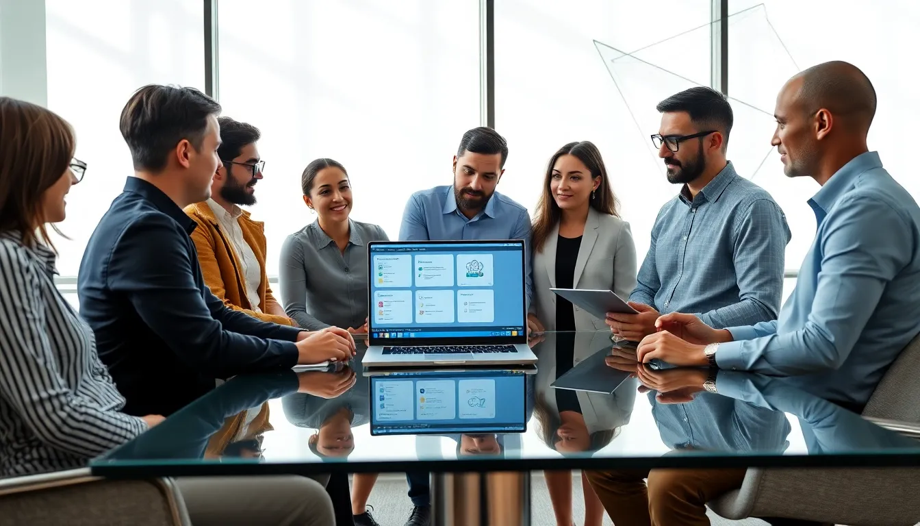 diverse team collaborating on a low-code automation platform in a modern office.