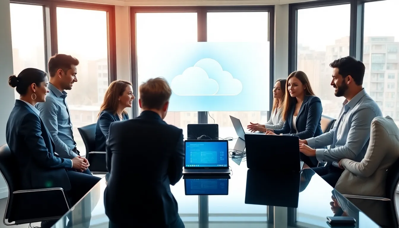 diverse legal professionals discussing cloud computing in a modern office.