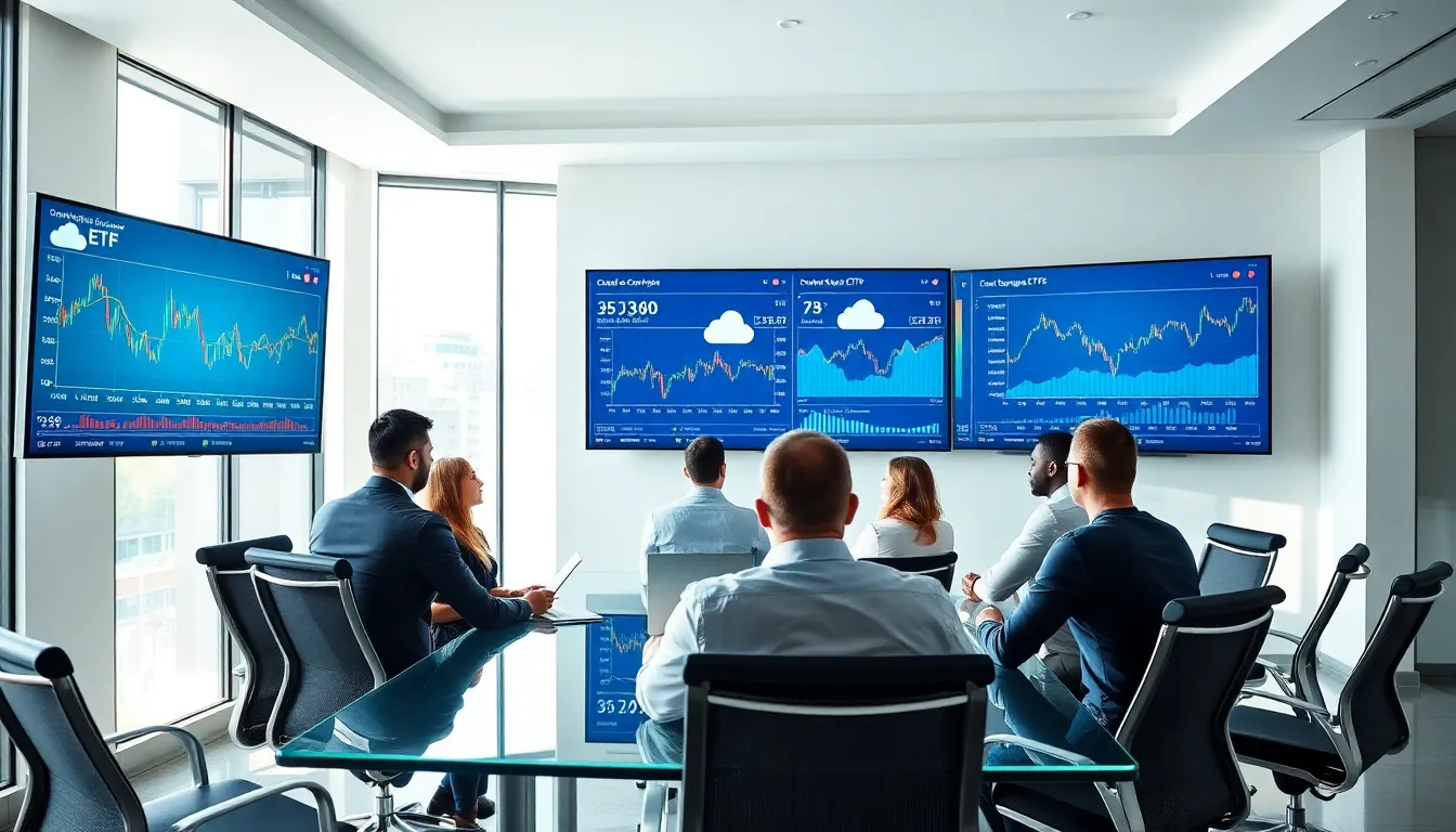 financial professionals discussing cloud computing ETFs in a modern conference room.
