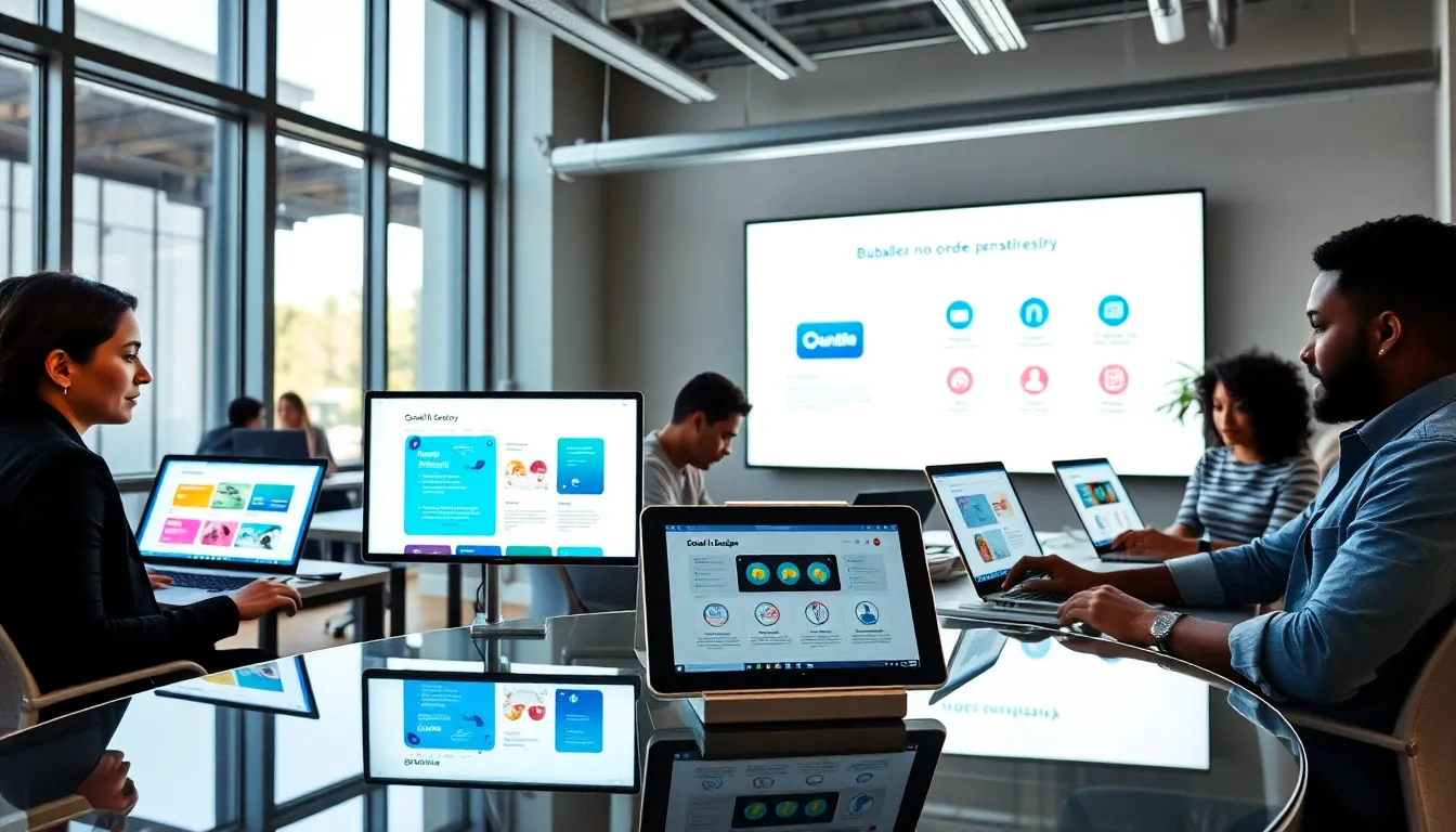 team collaboratively developing a no-code app in a modern office.