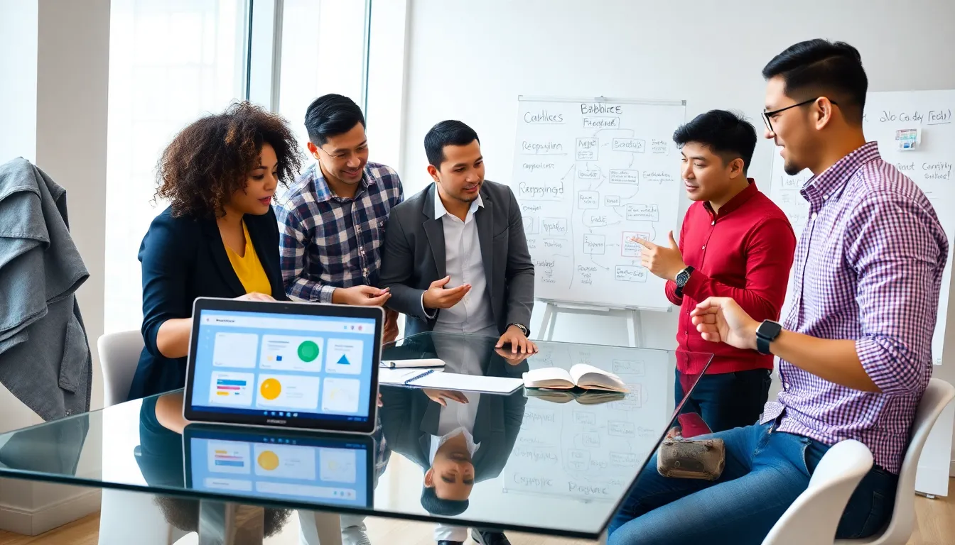 diverse team collaborating on bubble software development in a modern office.