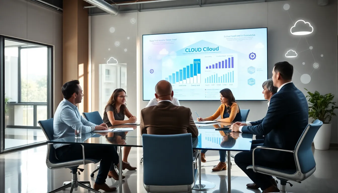 diverse team discussing cloud migration strategy in a modern office.
