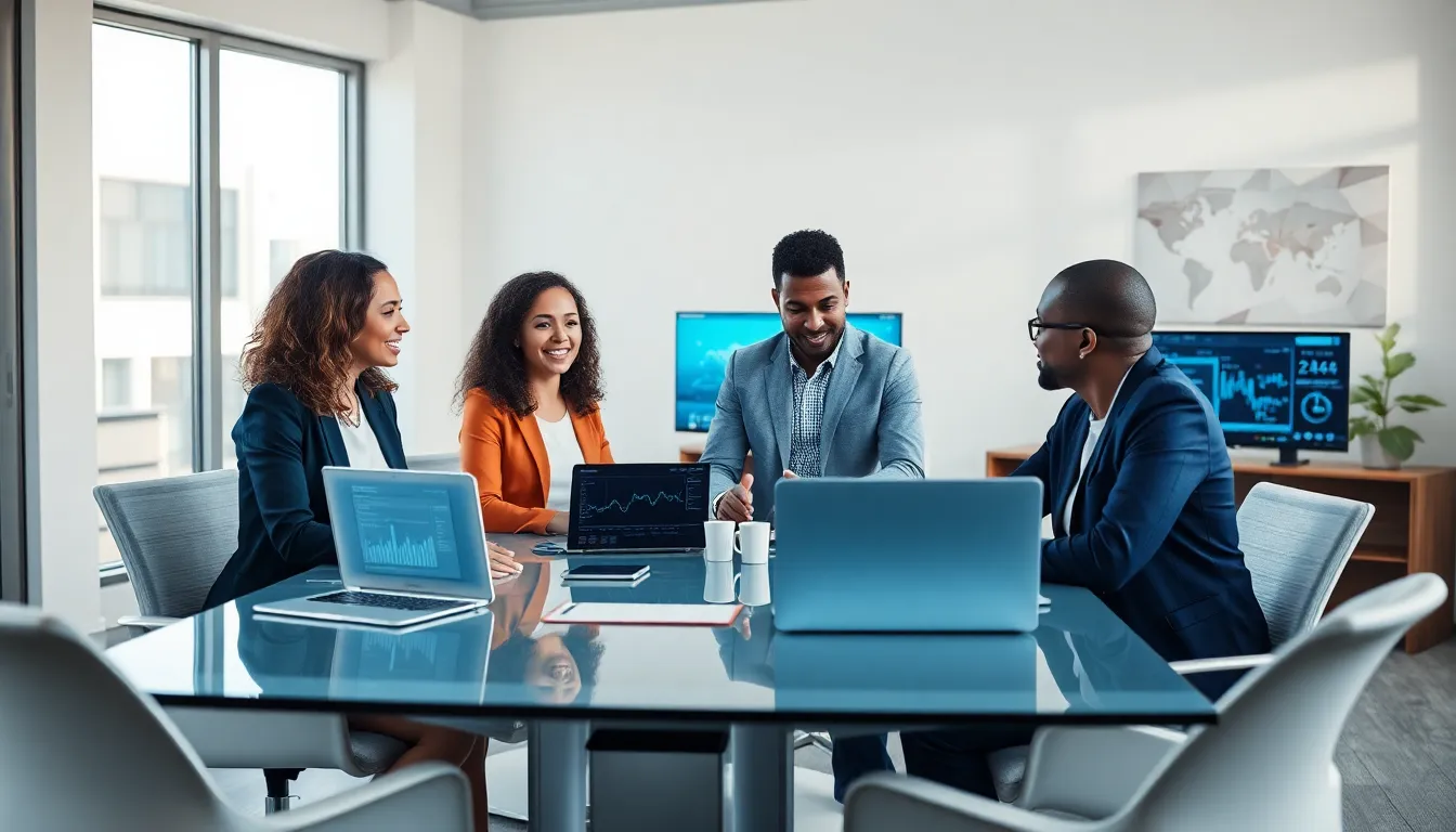 diverse team discussing low code data integration in a modern office.