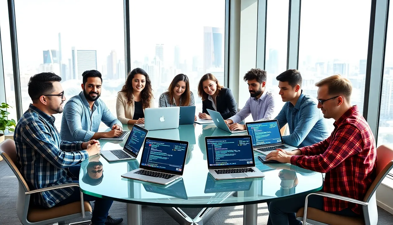 diverse web development team collaborating in a modern office setting.