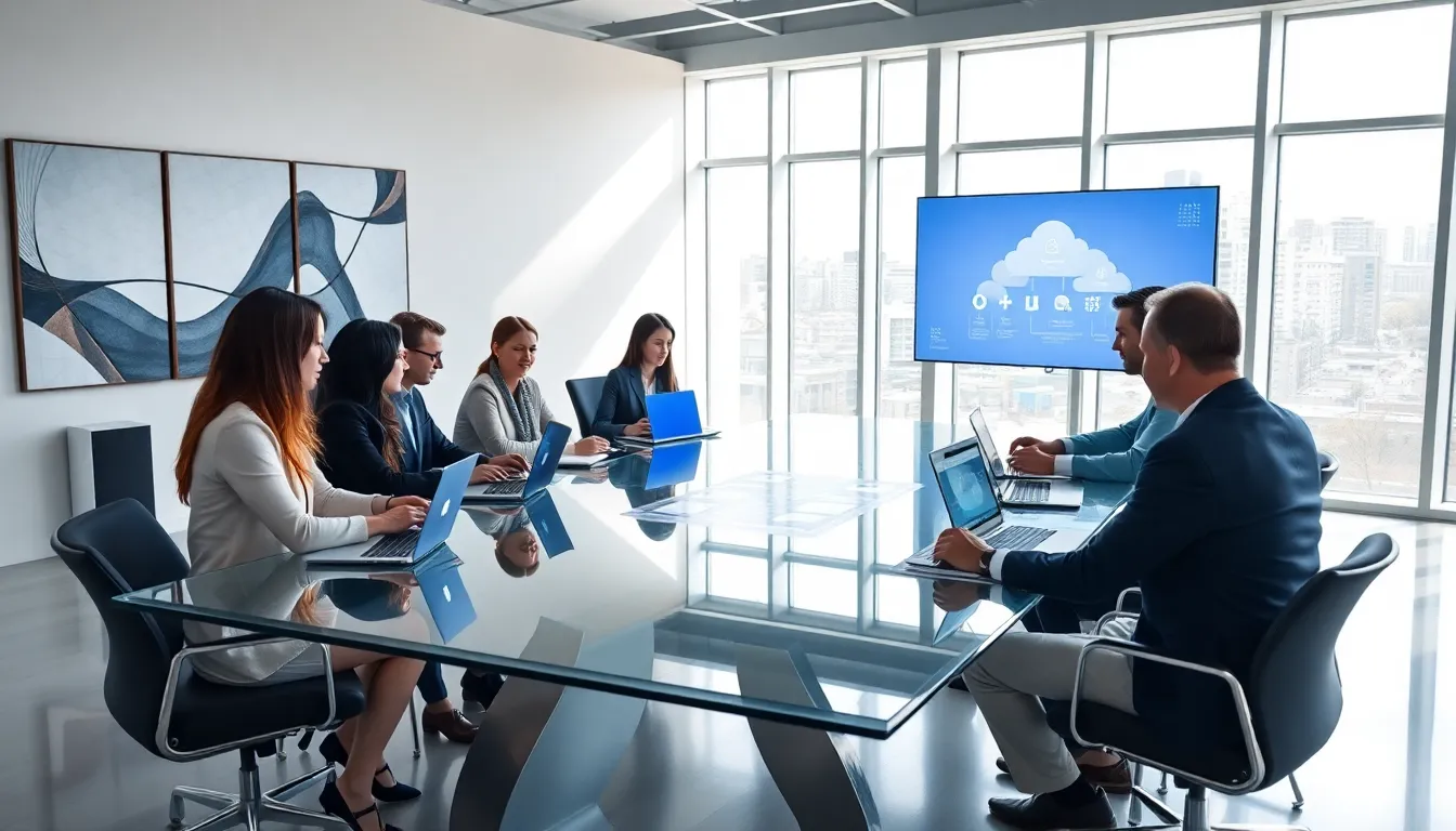 professionals discussing cloud computing migration in a modern office.