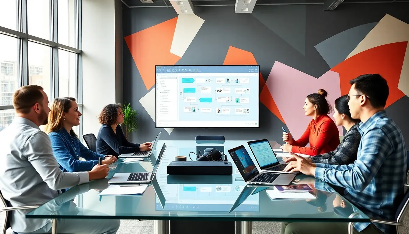 diverse team collaborating on low code workflow in a modern office.