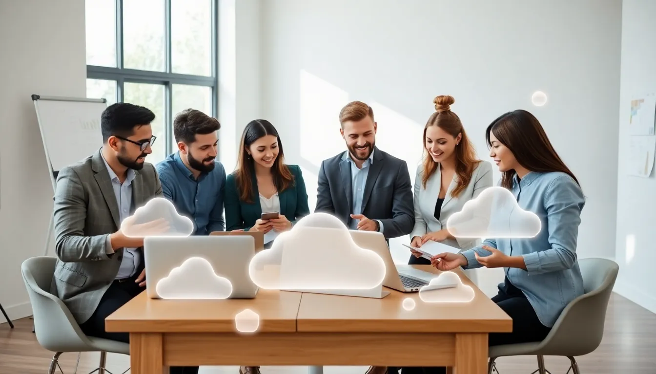 diverse small business owners discussing cloud computing in a modern office.